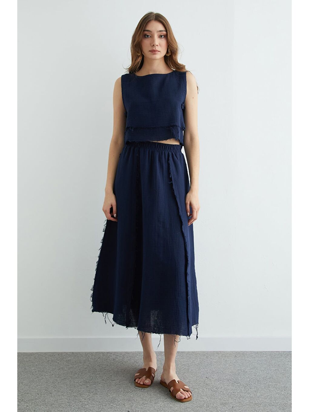 Lacivert Beli Lastikli Püsküllü Etekli Müslin 2 Li Takım-1