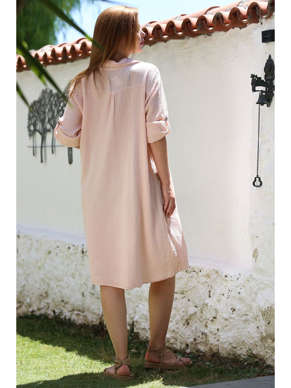 Pembe Pudra Gömlek Yaka Düğmeli Uzun Kollu Cepli Yıkamalı Casual Müslin Dokuma Elbise 103 65-1