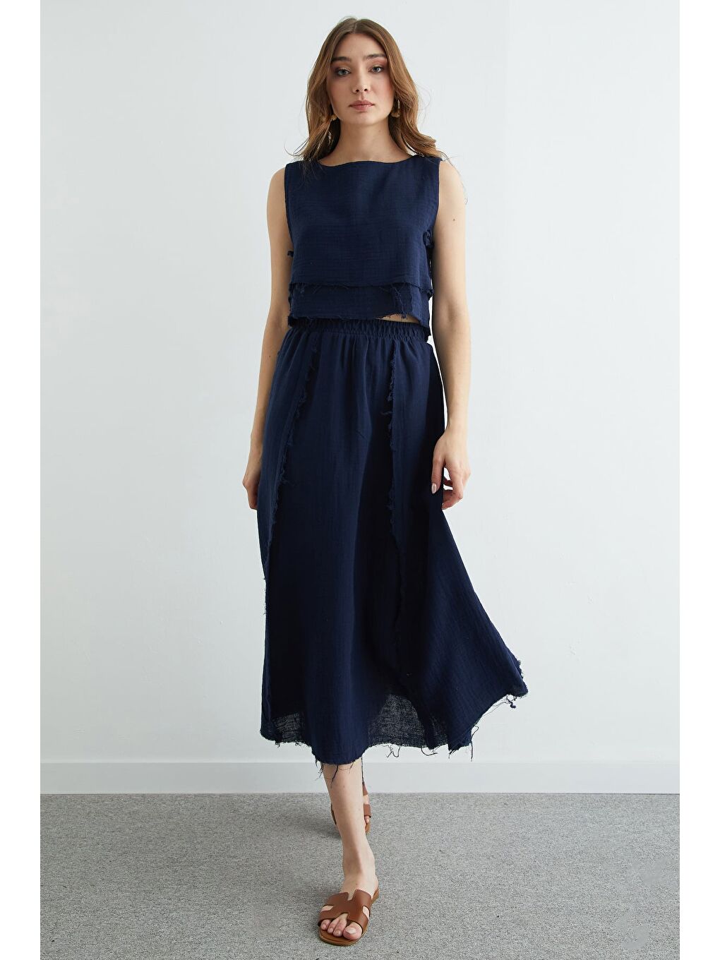 Lacivert Beli Lastikli Püsküllü Etekli Müslin 2 Li Takım-2