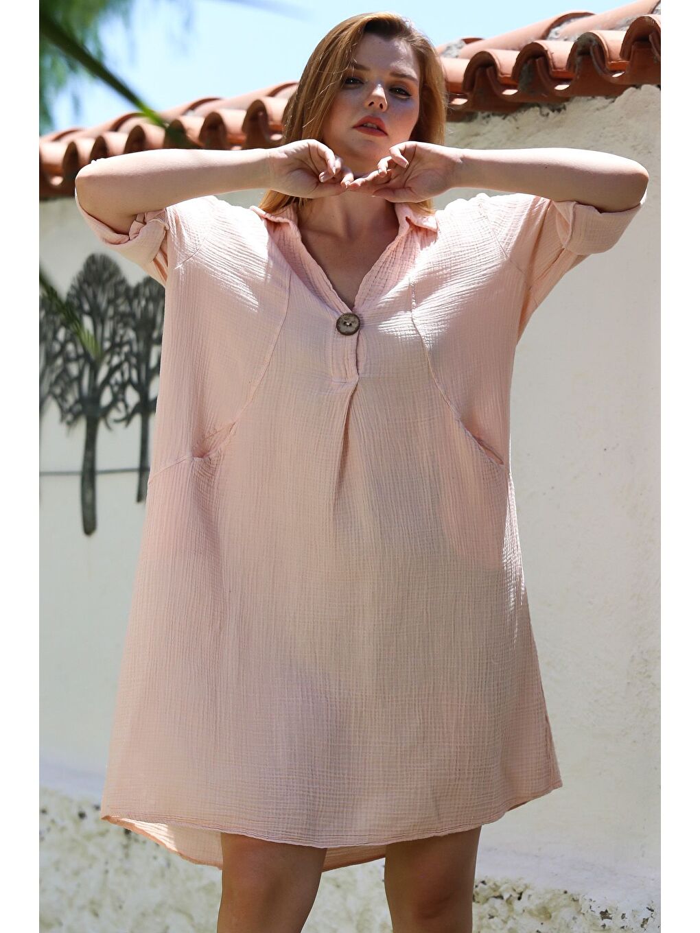 Pembe Pudra Gömlek Yaka Düğmeli Uzun Kollu Cepli Yıkamalı Casual Müslin Dokuma Elbise 103 65-2