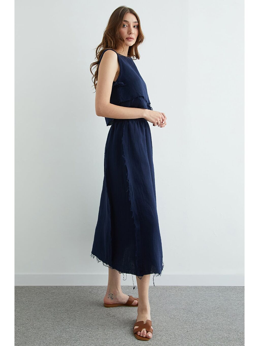 Lacivert Beli Lastikli Püsküllü Etekli Müslin 2 Li Takım-3