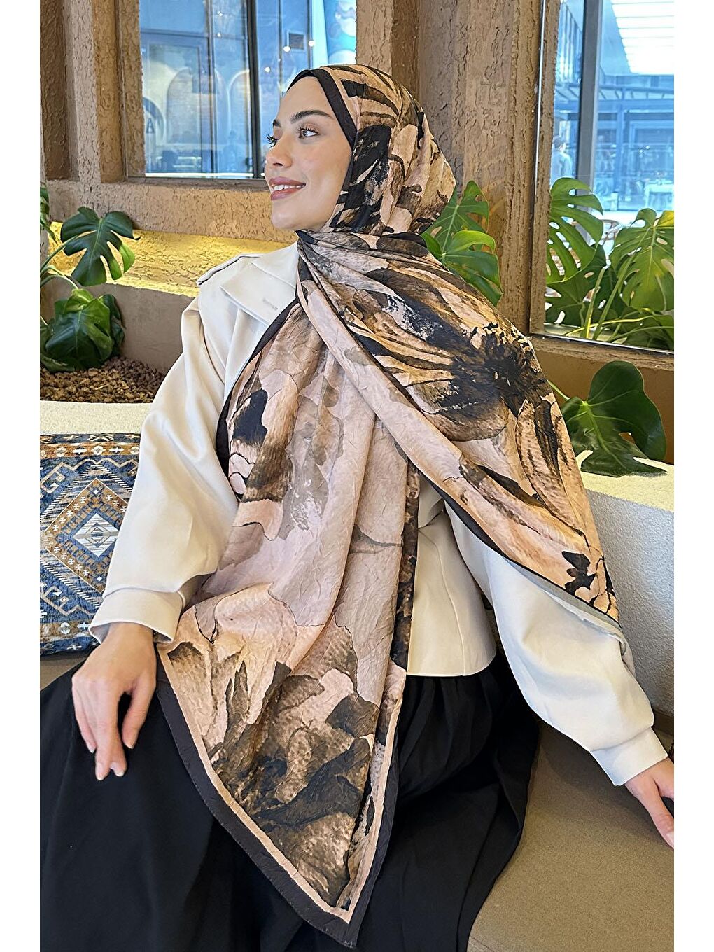 Kahverengi Floral Desen Bambu Şal Camel-2