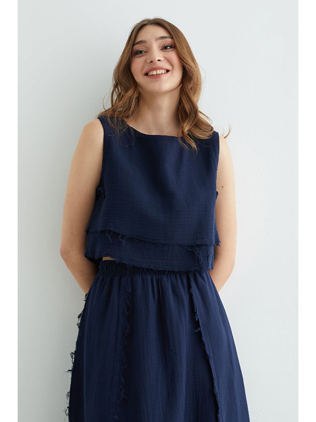 Lacivert Beli Lastikli Püsküllü Etekli Müslin 2 Li Takım-4