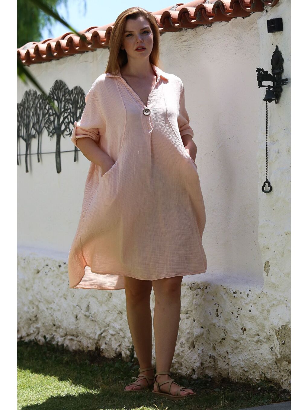 Pembe Pudra Gömlek Yaka Düğmeli Uzun Kollu Cepli Yıkamalı Casual Müslin Dokuma Elbise 103 65-6
