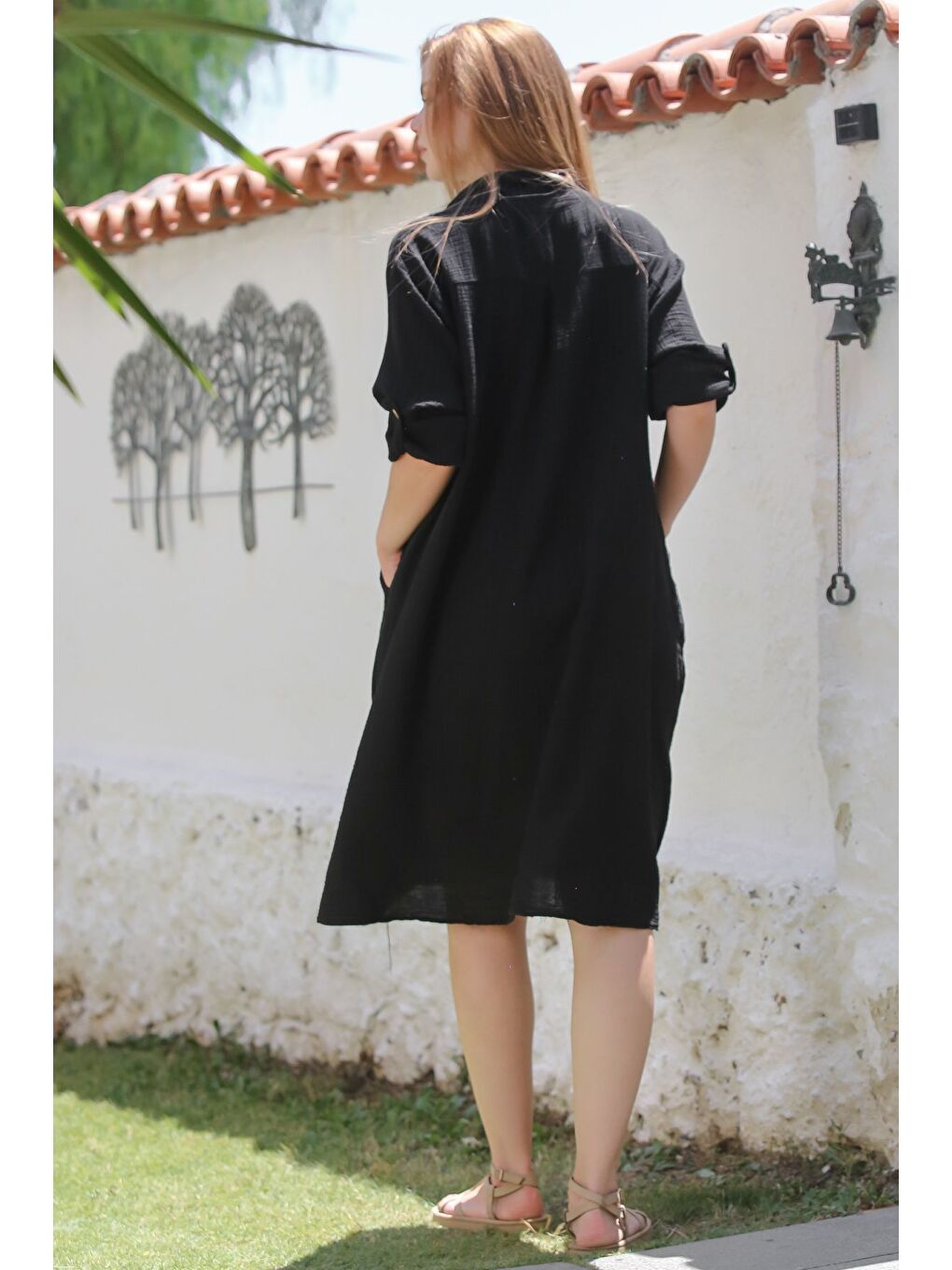 Siyah Gömlek Yaka Düğmeli Uzun Kollu Cepli Yıkamalı Casual Müslin Dokuma Elbise 103 65-1