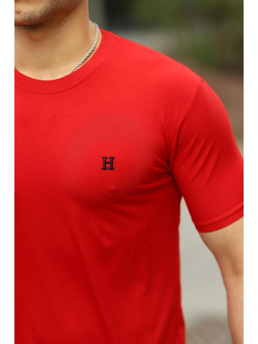 Kırmızı Erkek H Nakış Desenli Oversize Tshirt-1