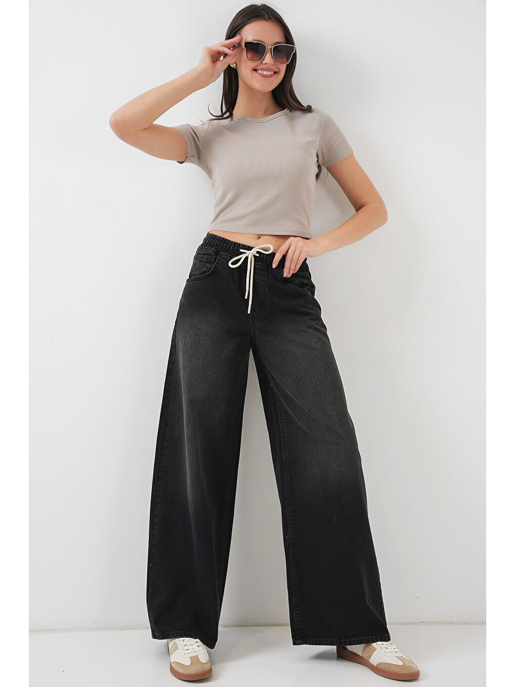 Kadın Bol Paça Jean Pantolon 6705   Siyah