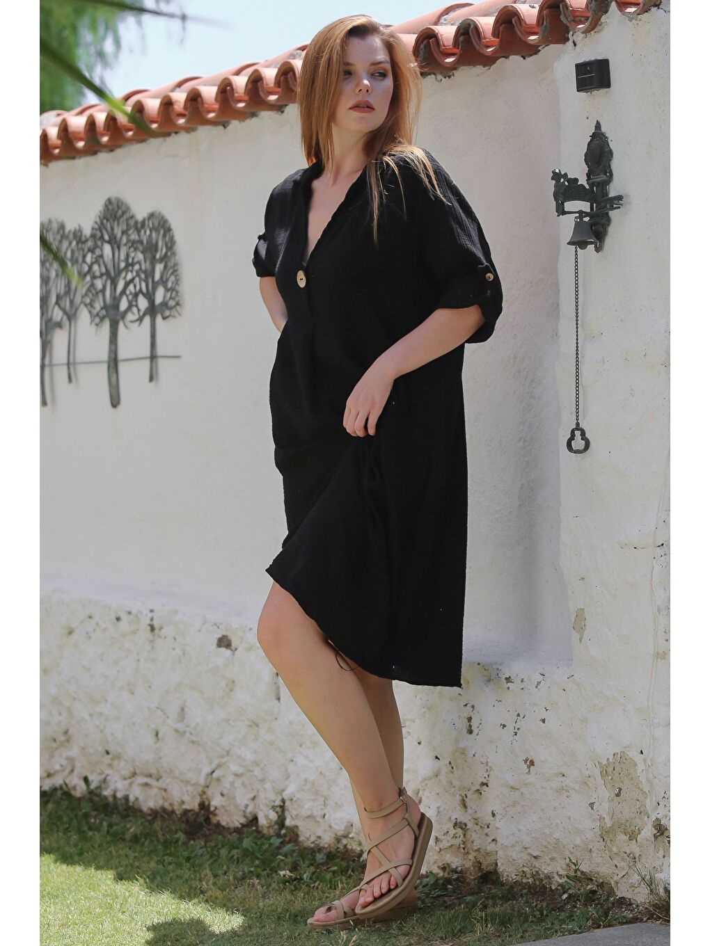 Siyah Gömlek Yaka Düğmeli Uzun Kollu Cepli Yıkamalı Casual Müslin Dokuma Elbise 103 65-3