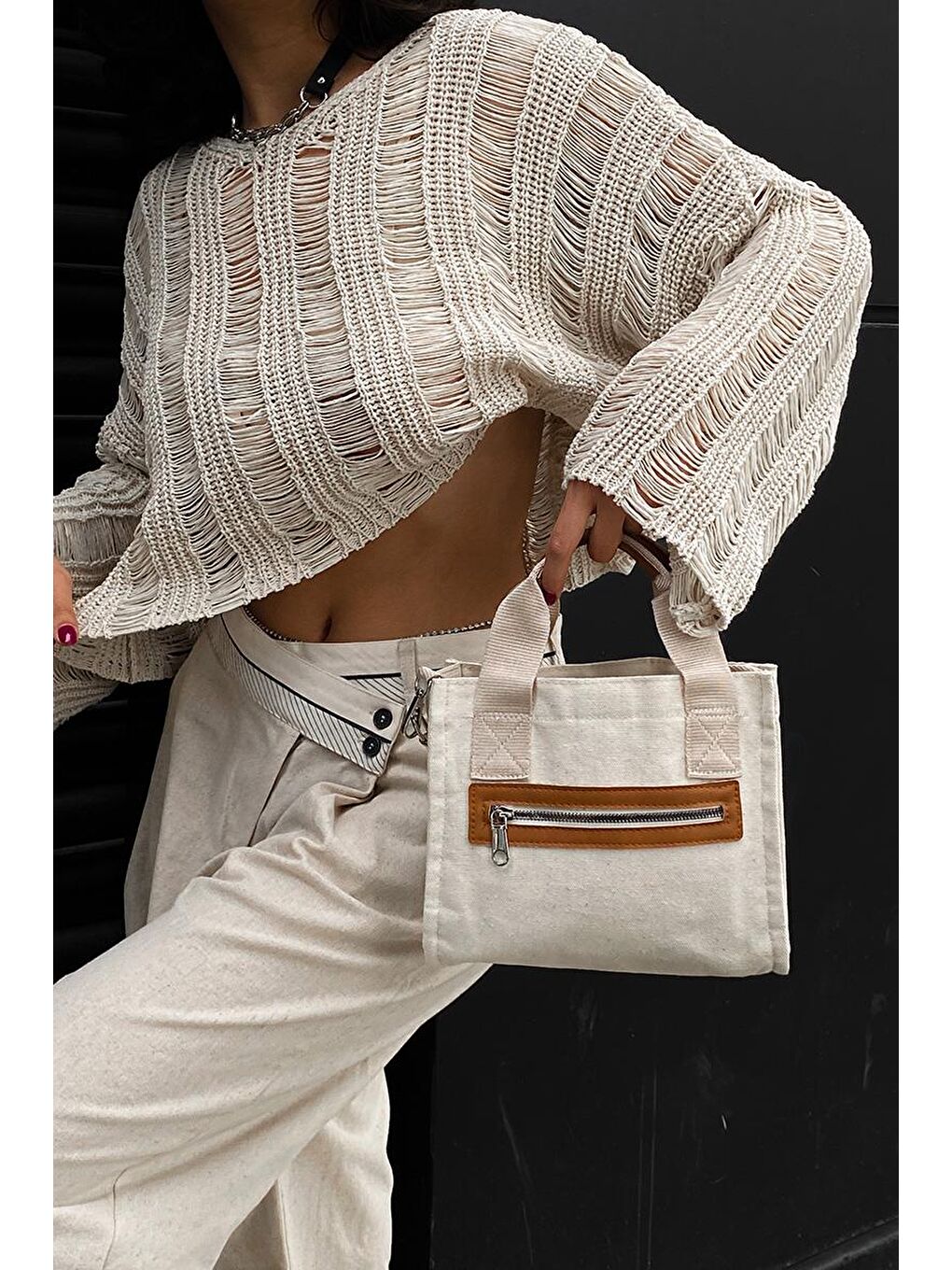 Kahverengi Jade Garnili Kanvas Çapraz Çanta Taba-4