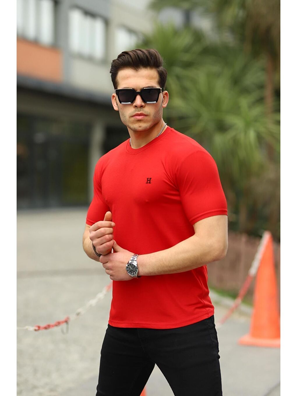 Kırmızı Erkek H Nakış Desenli Oversize Tshirt-2