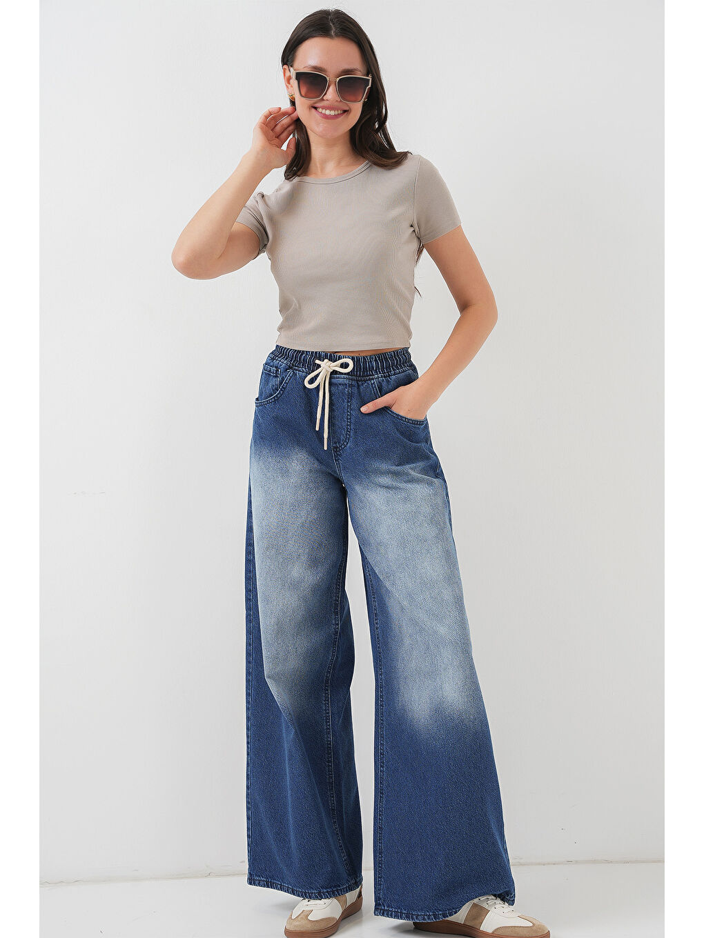 Kadın Bol Paça Jean Pantolon 6705   Lacivert