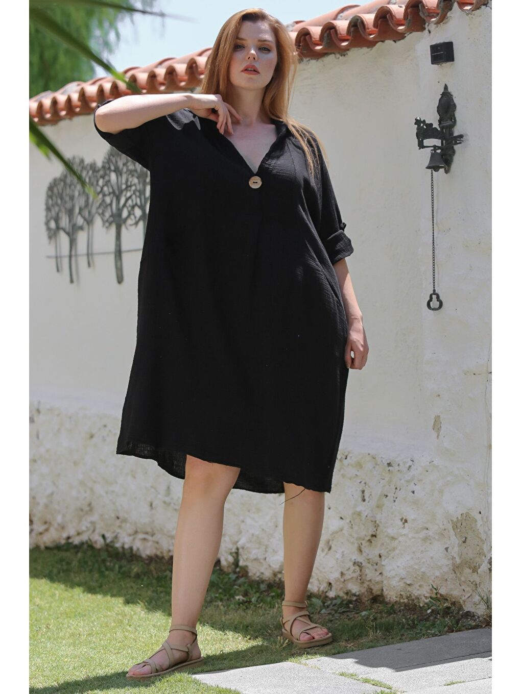 Siyah Gömlek Yaka Düğmeli Uzun Kollu Cepli Yıkamalı Casual Müslin Dokuma Elbise 103 65-5