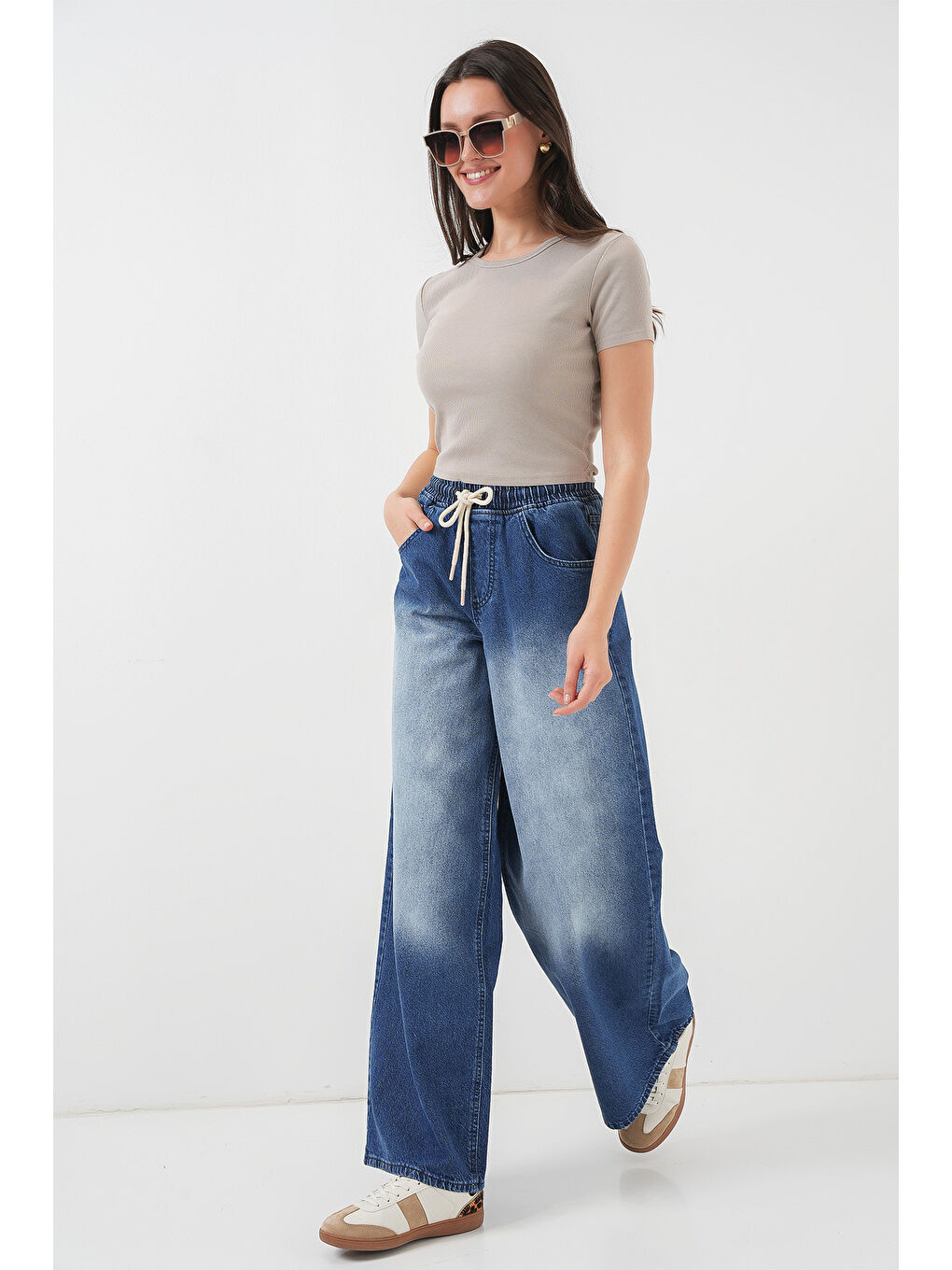 Kadın Bol Paça Jean Pantolon 6705   Lacivert-2