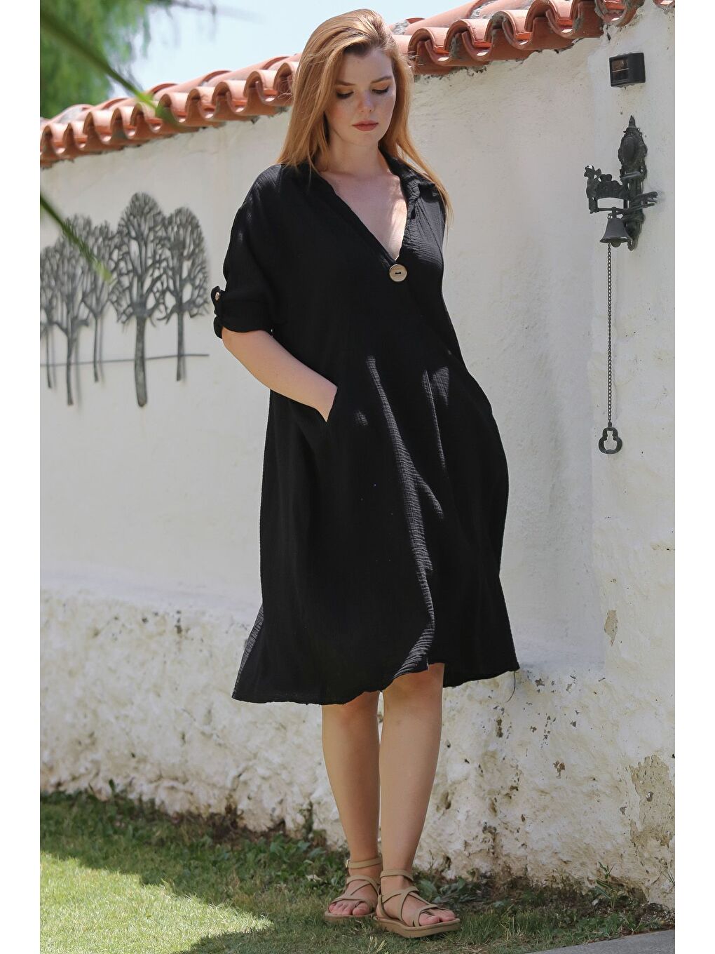 Siyah Gömlek Yaka Düğmeli Uzun Kollu Cepli Yıkamalı Casual Müslin Dokuma Elbise 103 65-6