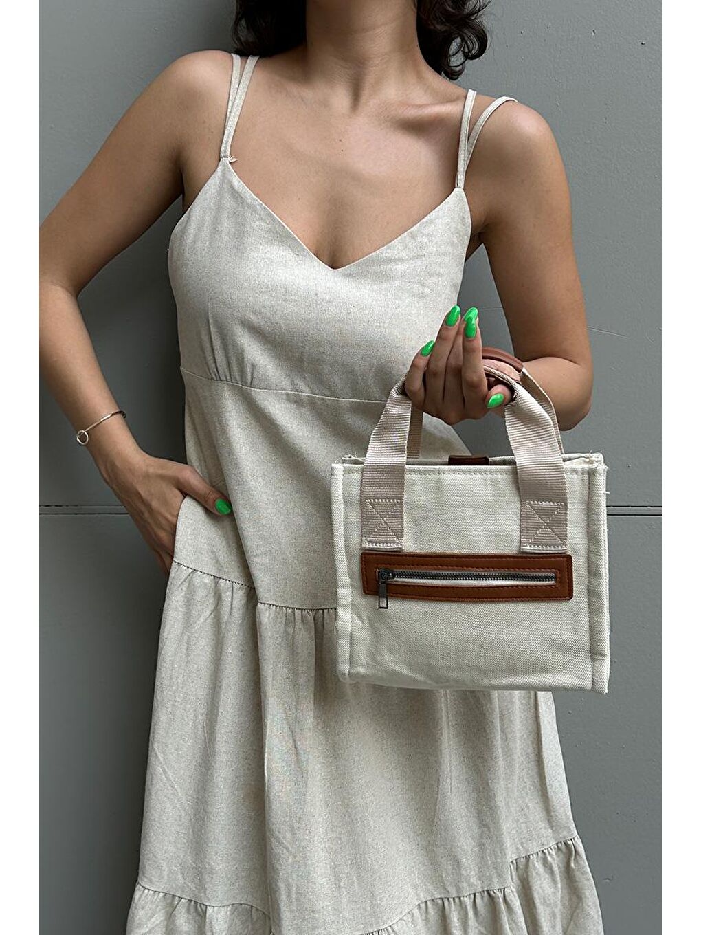 Kahverengi Jade Garnili Kanvas Çapraz Çanta Taba-5