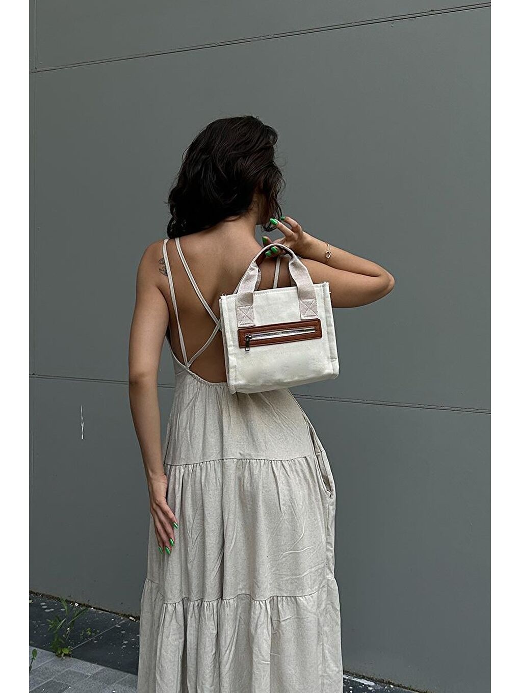 Kahverengi Jade Garnili Kanvas Çapraz Çanta Taba-6