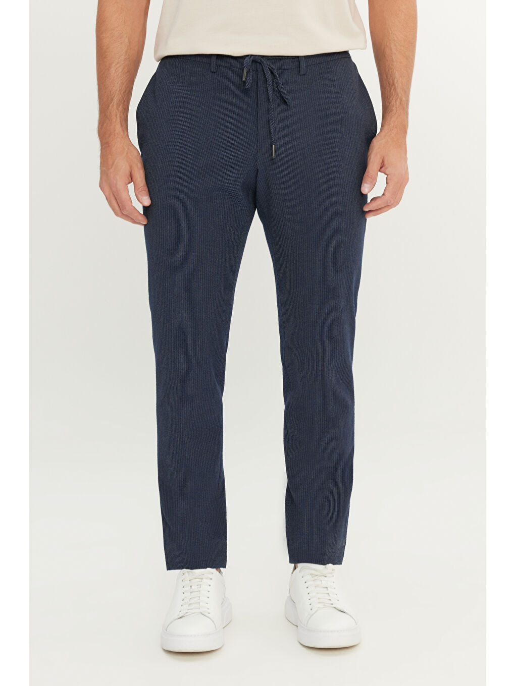 Erkek Lacivert Comfort Fit Rahat Kesim Yan Cepli Desenli Beli Lastikli Pantolon