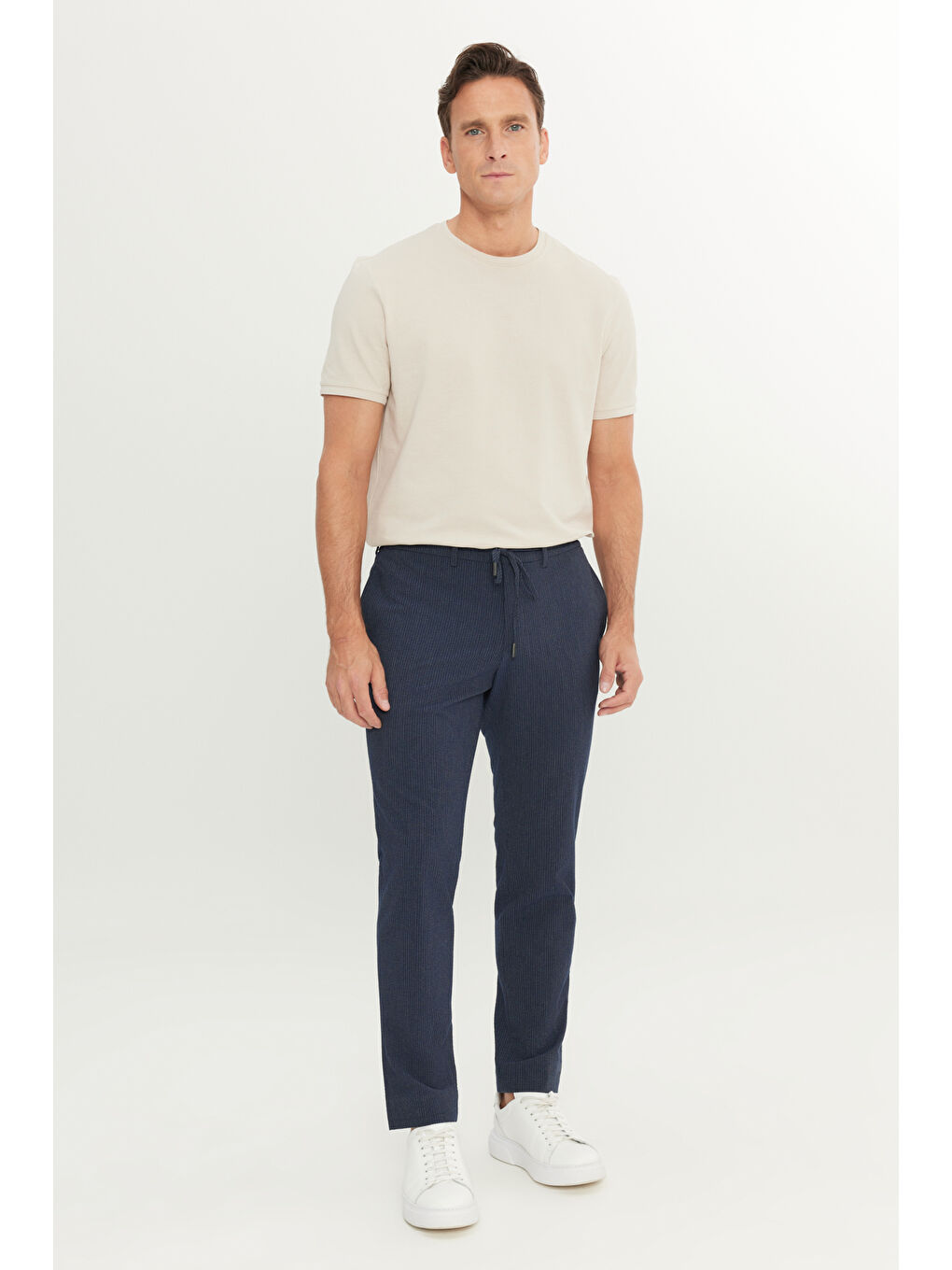 Erkek Lacivert Comfort Fit Rahat Kesim Yan Cepli Desenli Beli Lastikli Pantolon-1