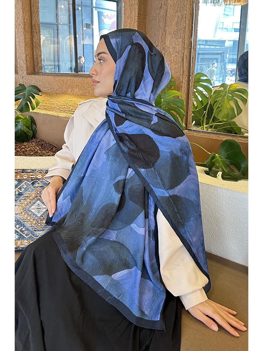 Yaprak Desen Bambu Şal Lacivert-2