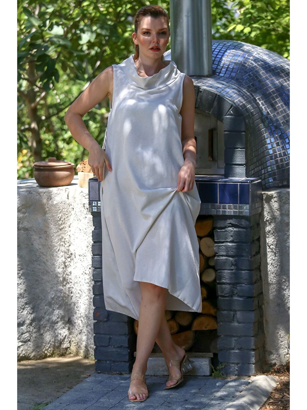 Beyaz Degaje Yaka Kolsuz Gizli Cepli Yıkamalı Casual Keten Görünümlü Dokuma Elbise 120 55-3