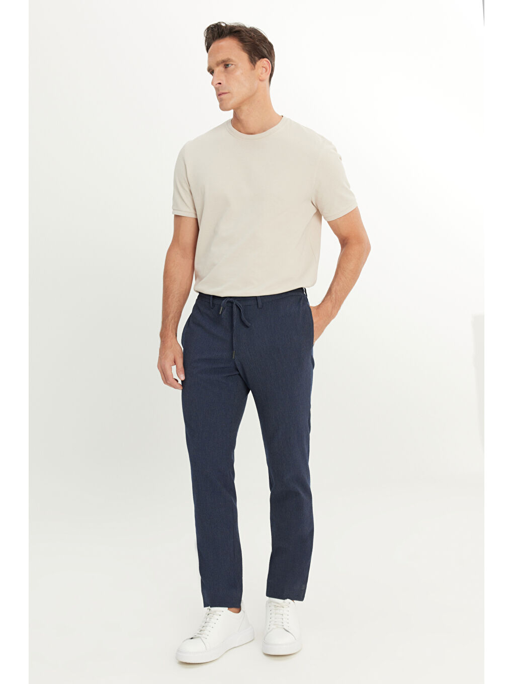 Erkek Lacivert Comfort Fit Rahat Kesim Yan Cepli Desenli Beli Lastikli Pantolon-2