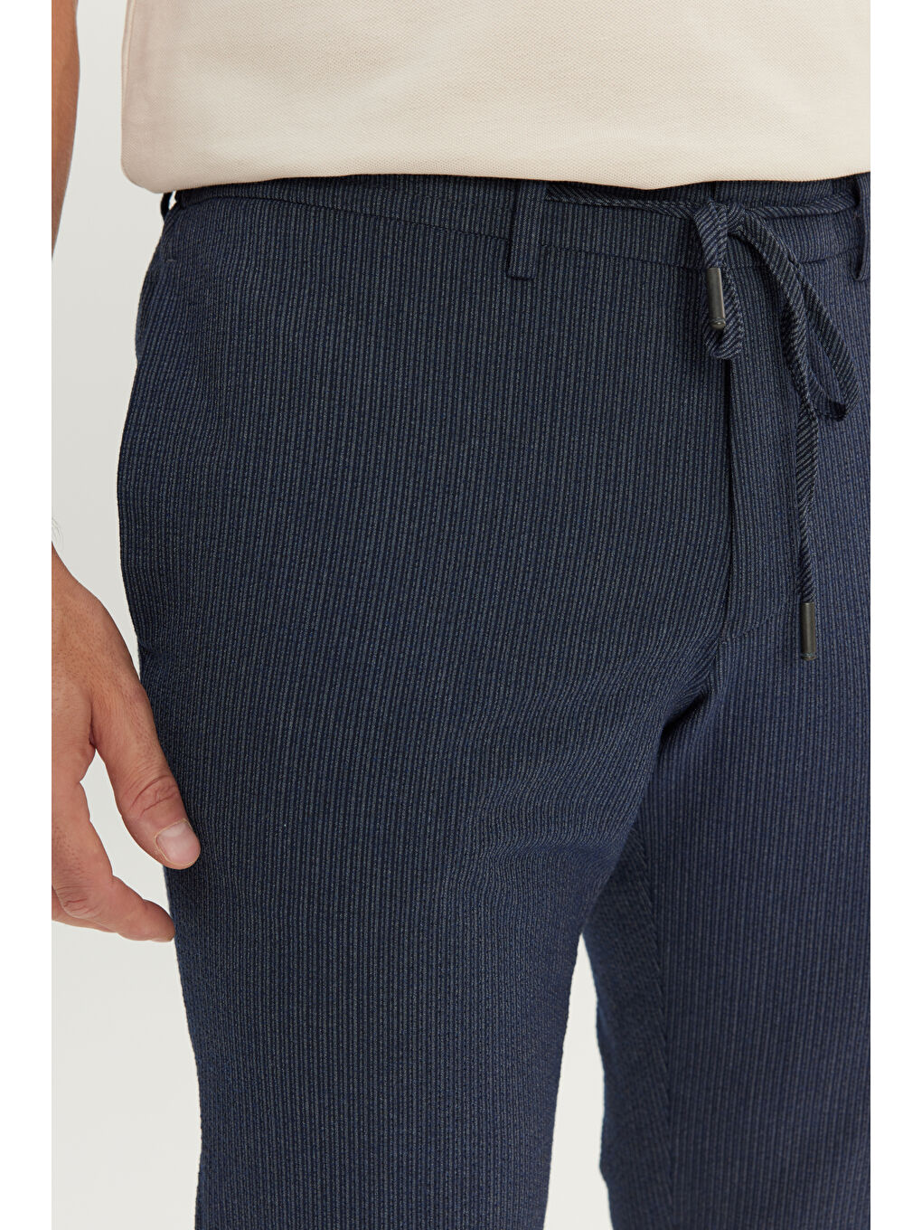 Erkek Lacivert Comfort Fit Rahat Kesim Yan Cepli Desenli Beli Lastikli Pantolon-3