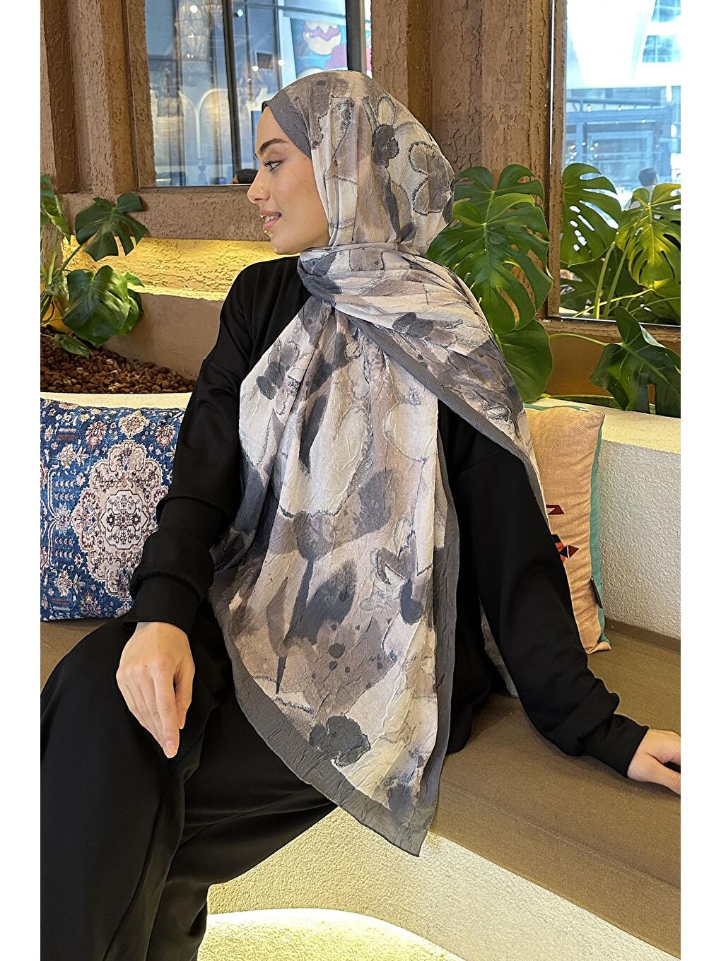 Flora Garden Desen Bambu Şal Antrasit-3