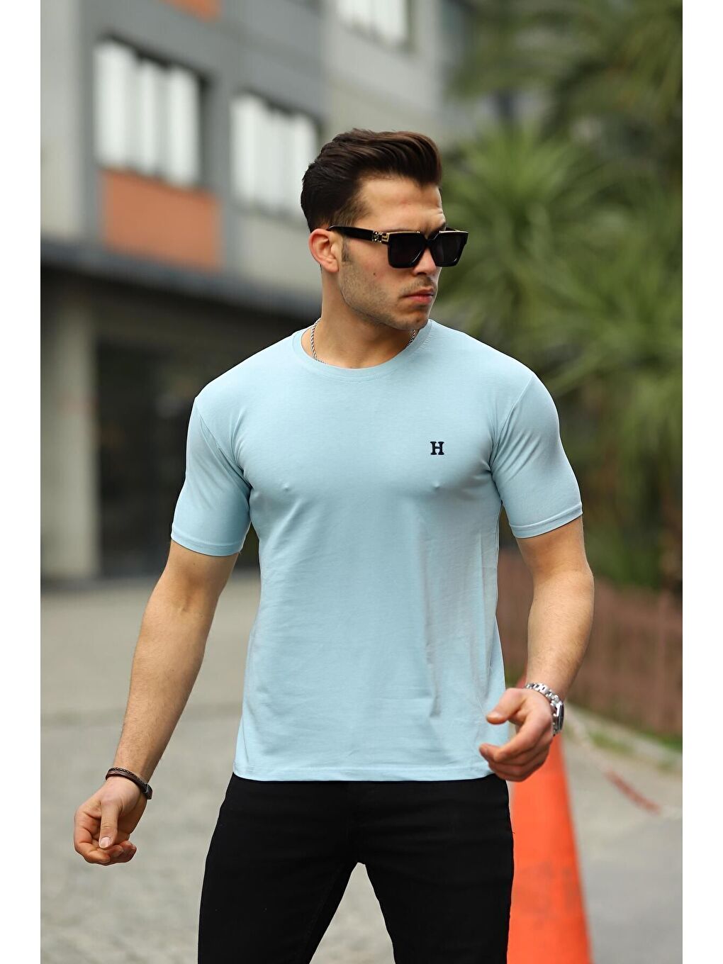 Mavi Erkek H Nakış Desenli Oversize Tshirt