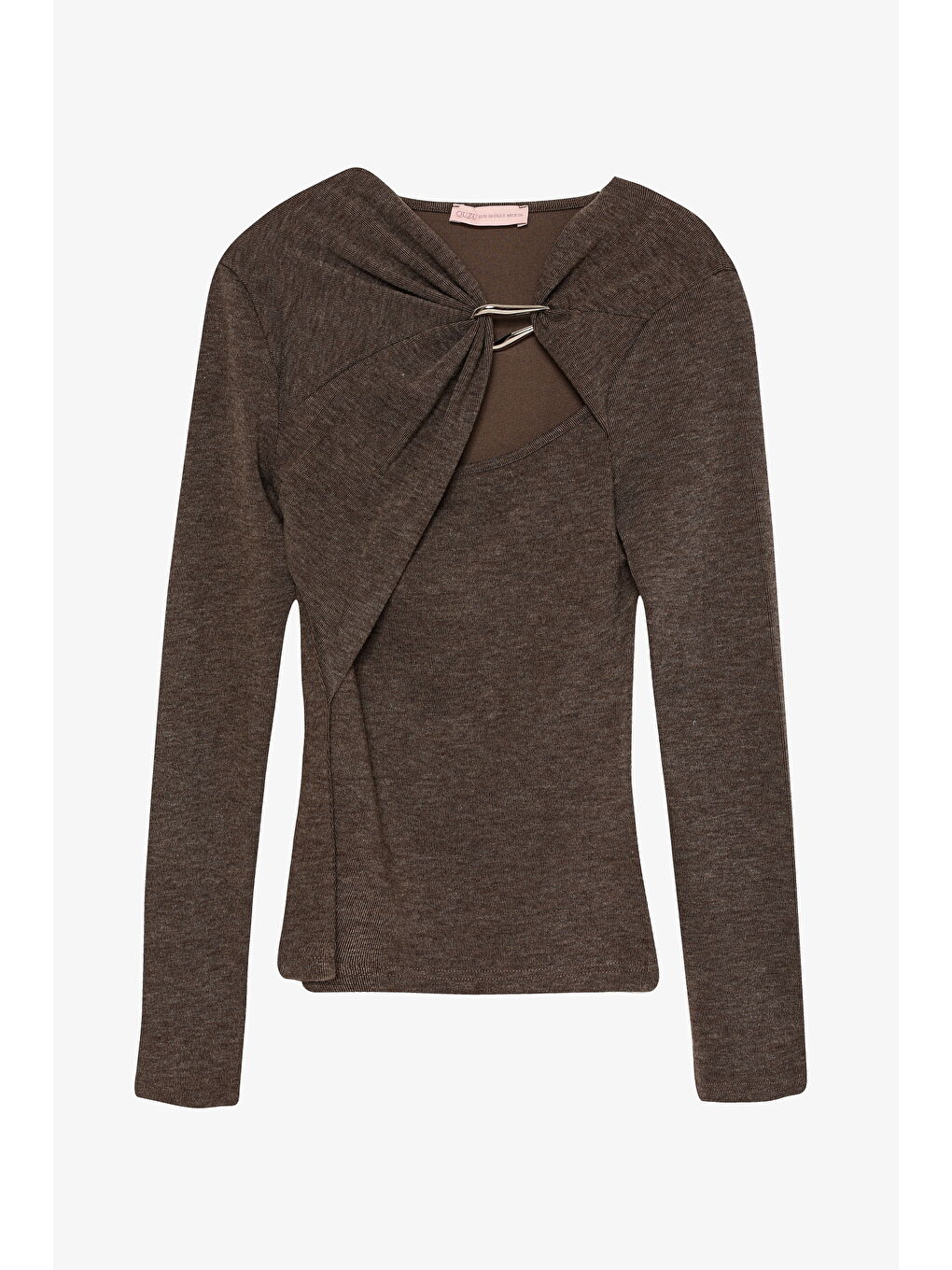 Halka Aksesuarlı Drapeli Asimetrik Yaka Bluz Kahverengi