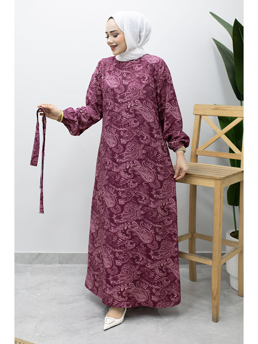 Bisiklet Yaka Şal Desenli Elbise TSD260208 Mürdüm-4