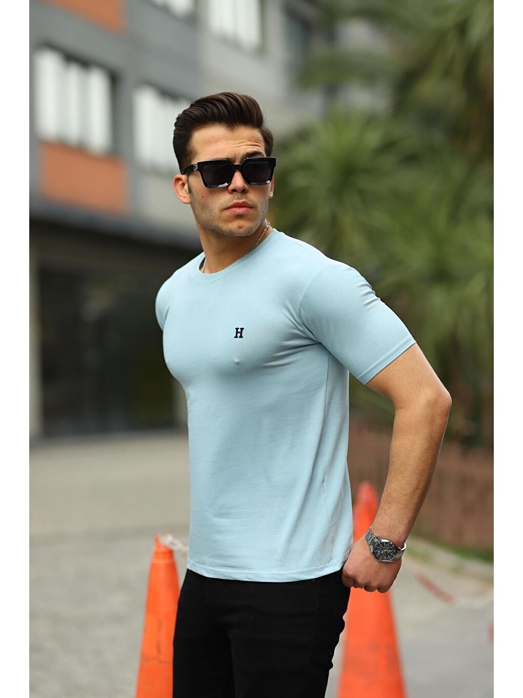 Mavi Erkek H Nakış Desenli Oversize Tshirt-2