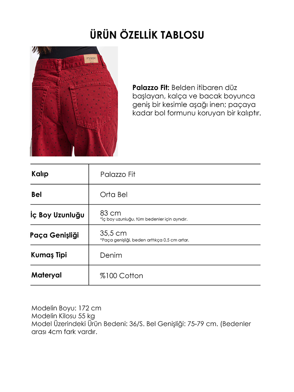 Kadın Kırmızı Puantiye P-6w6-35 Palazzo Fit Denim Jean-4