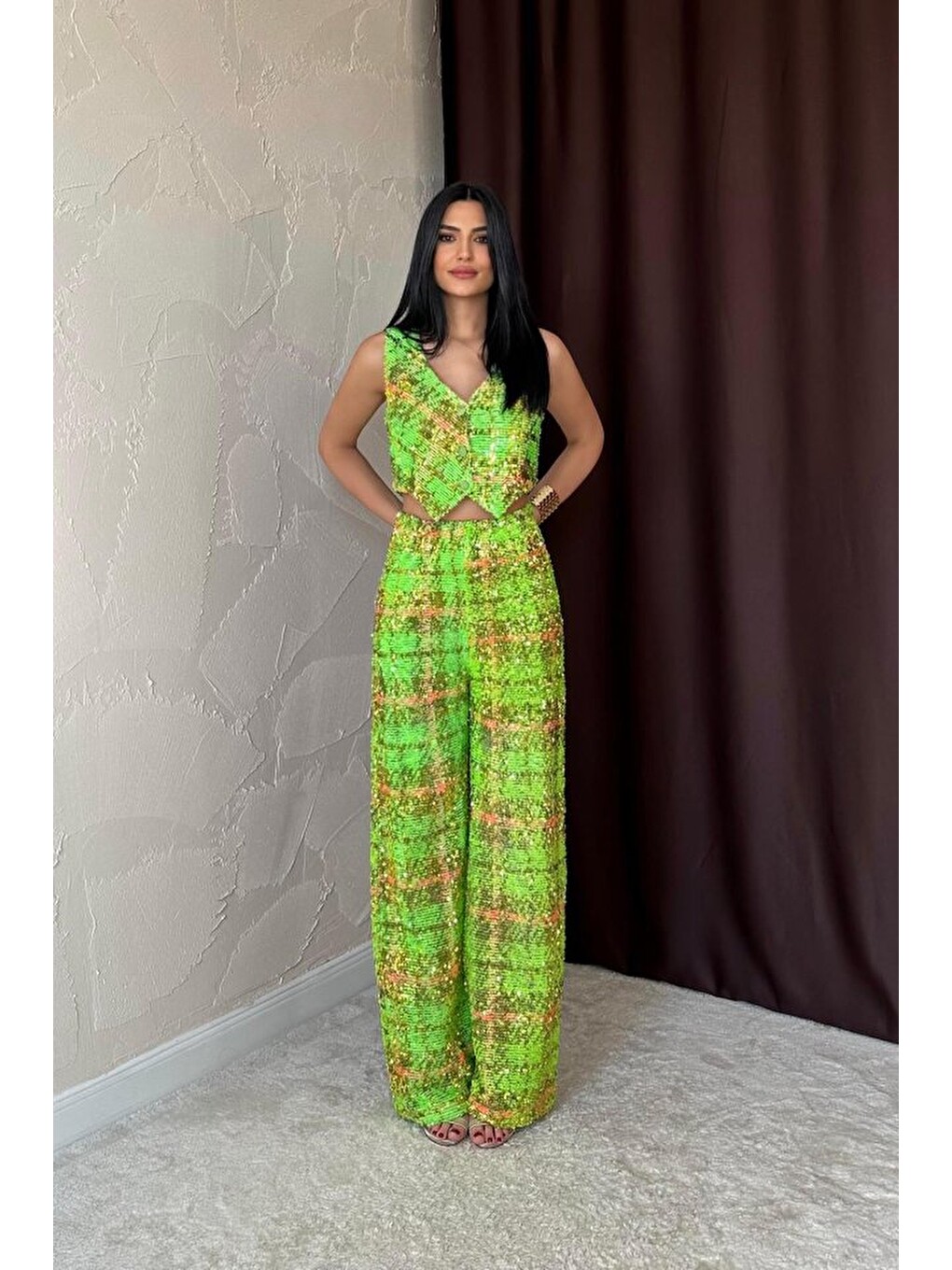 Yeşil Pullu Yelek Ve Pantolon Takım-2
