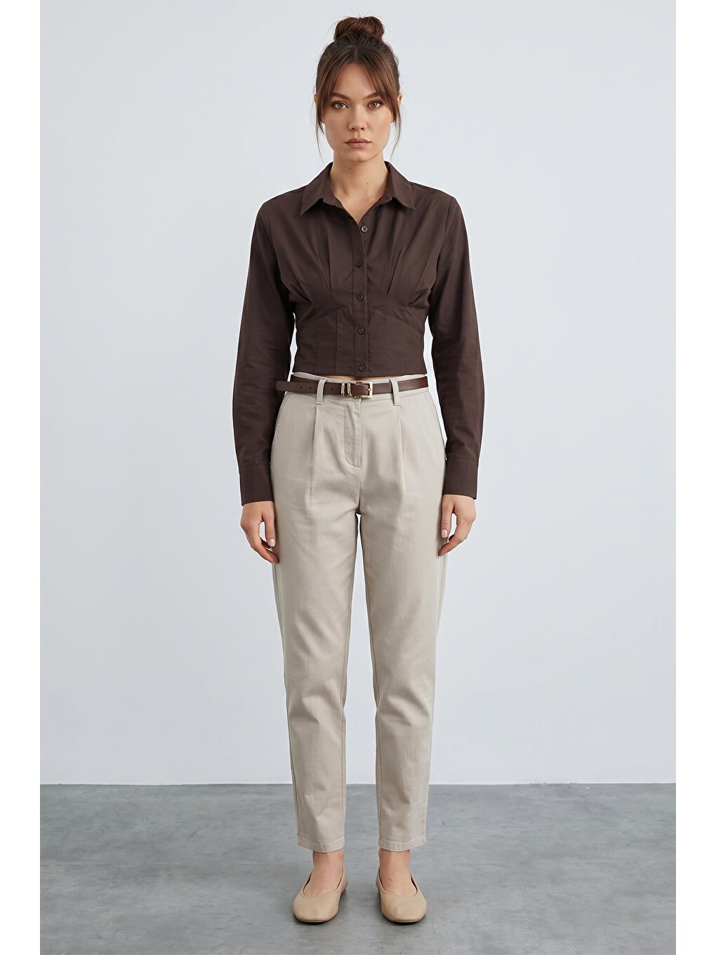 Bej Kemerli Cepli Gabardin Pantolon-1