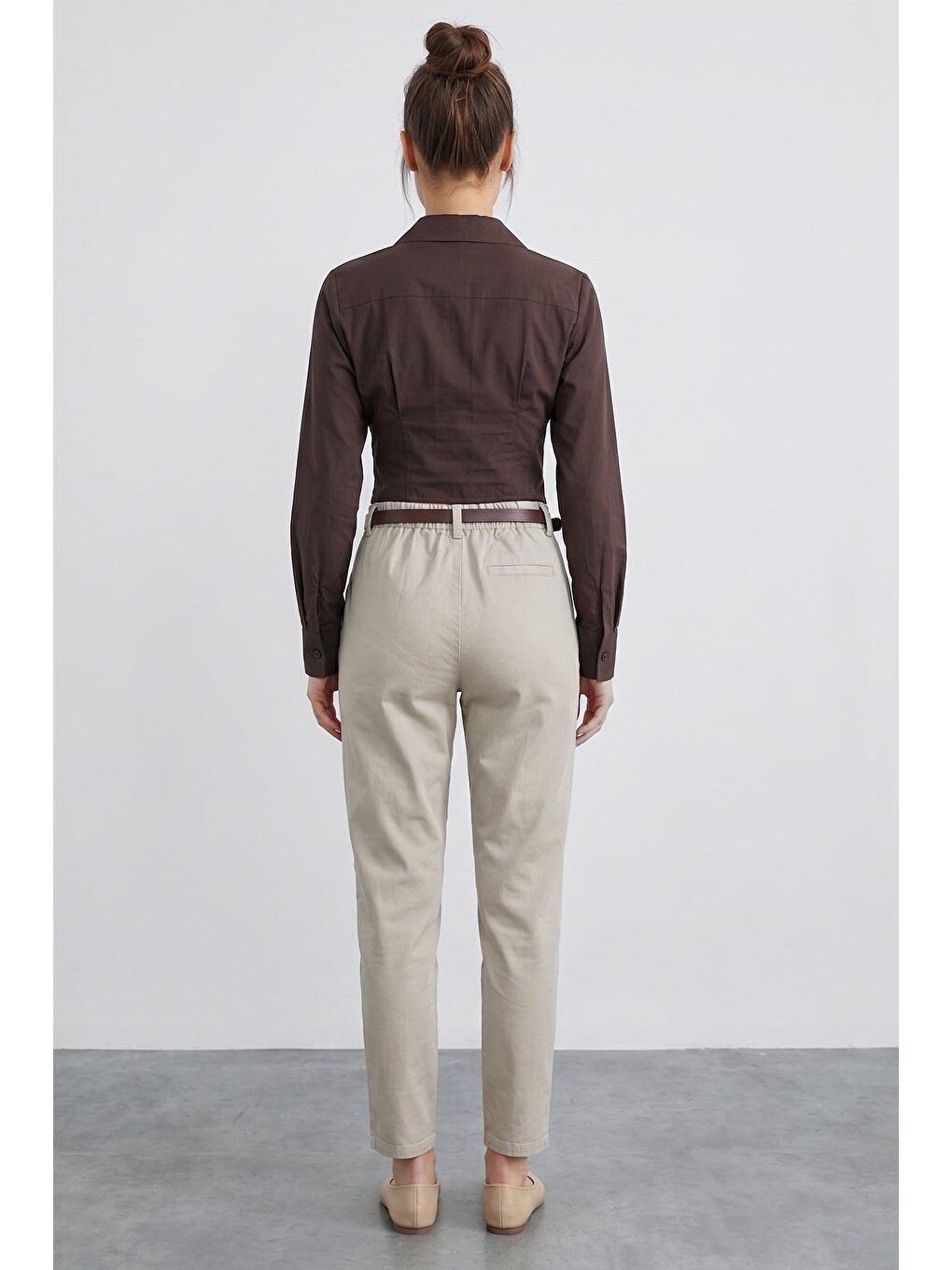 Bej Kemerli Cepli Gabardin Pantolon-2