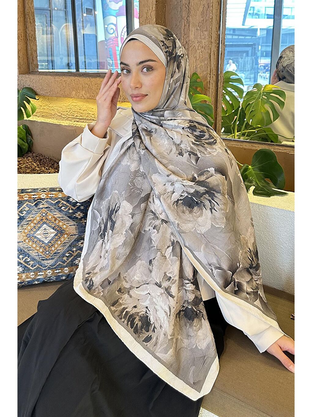 Kahverengi Flower Desen Bambu Şal Toprak-1