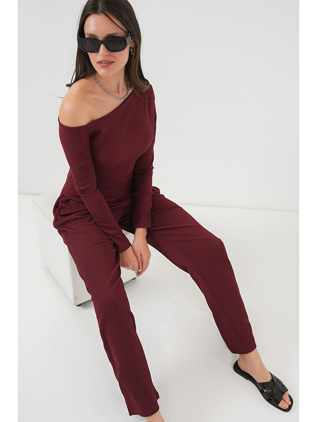 6708 Düşük Omuz Alt Üst Takım - Bordo-1