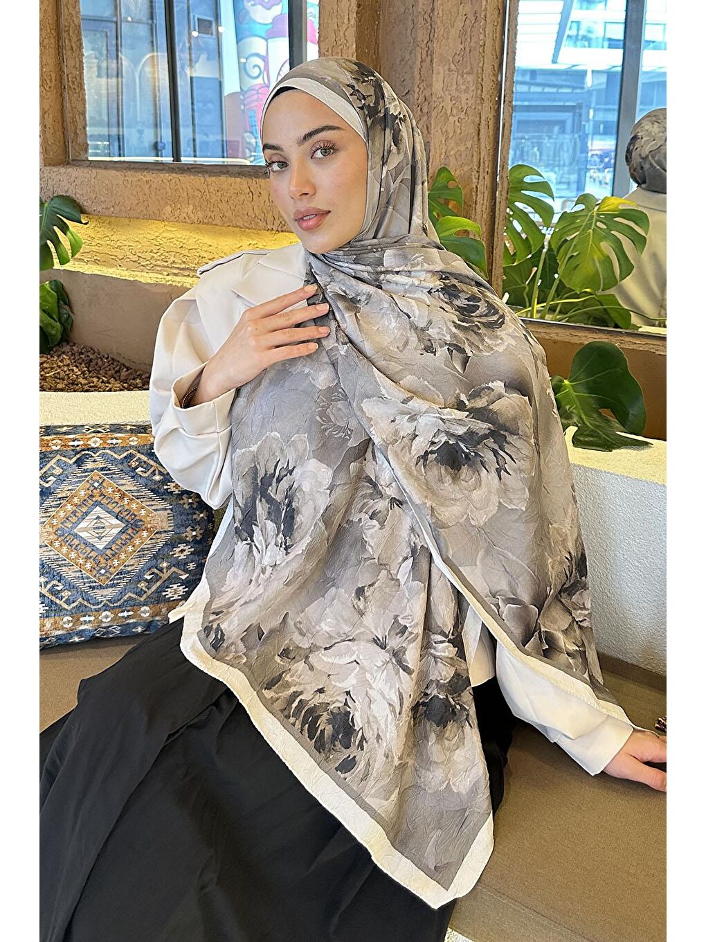 Kahverengi Flower Desen Bambu Şal Toprak-2