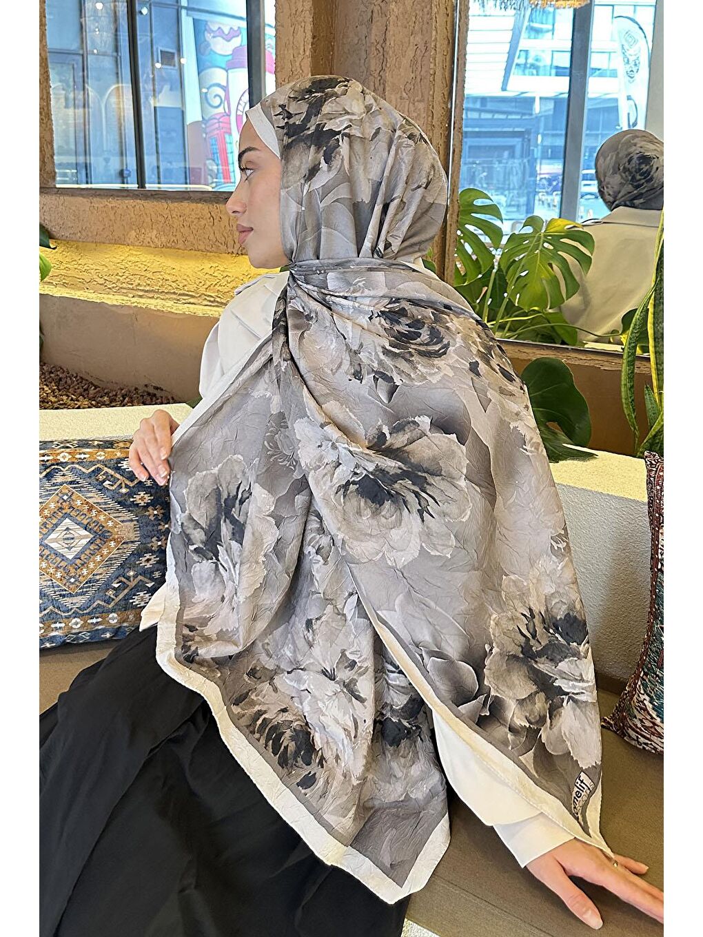 Kahverengi Flower Desen Bambu Şal Toprak-3