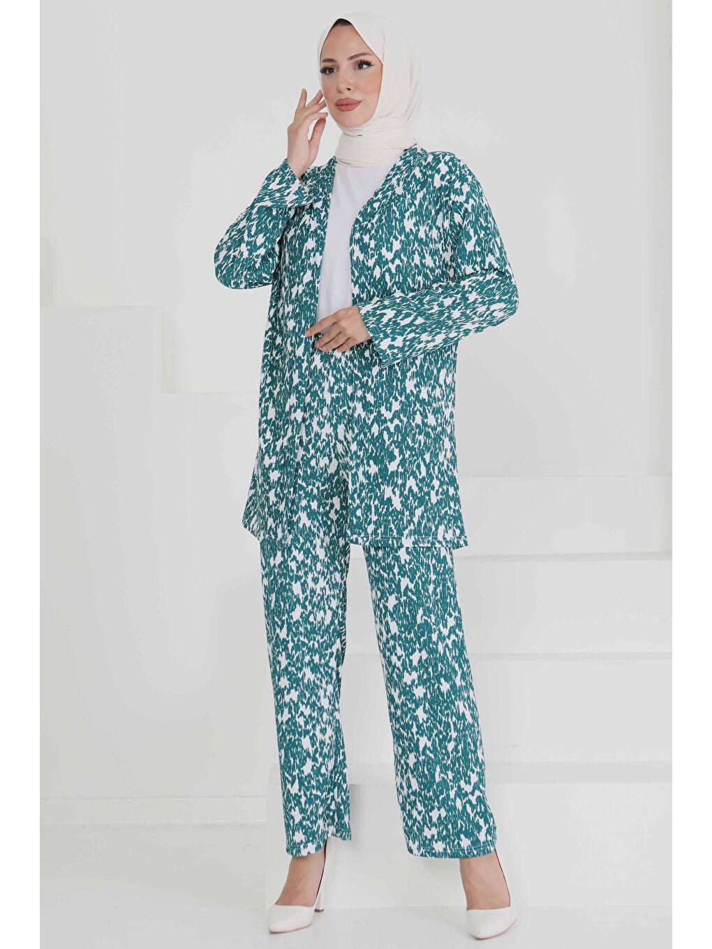 Yeşil Desenli Kimono Takım Zumrut - 27132-1