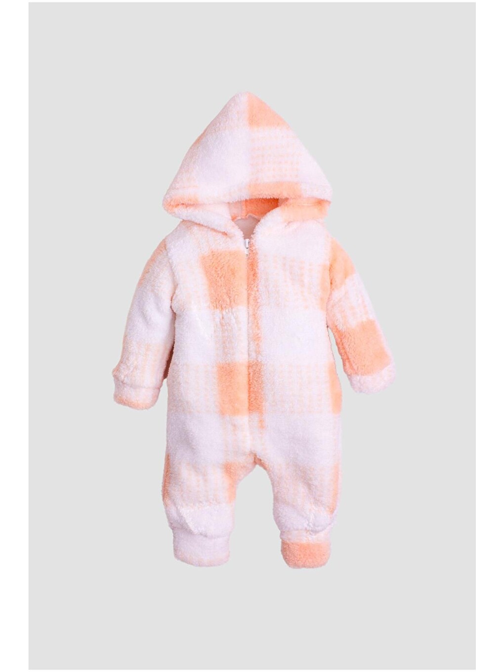 Pembe Kız Bebek Welsoft Kapüşonlu Ekose Desenli Fermuarlı Pelüş Tulum Kışlık Yumuşak Polar Tulum