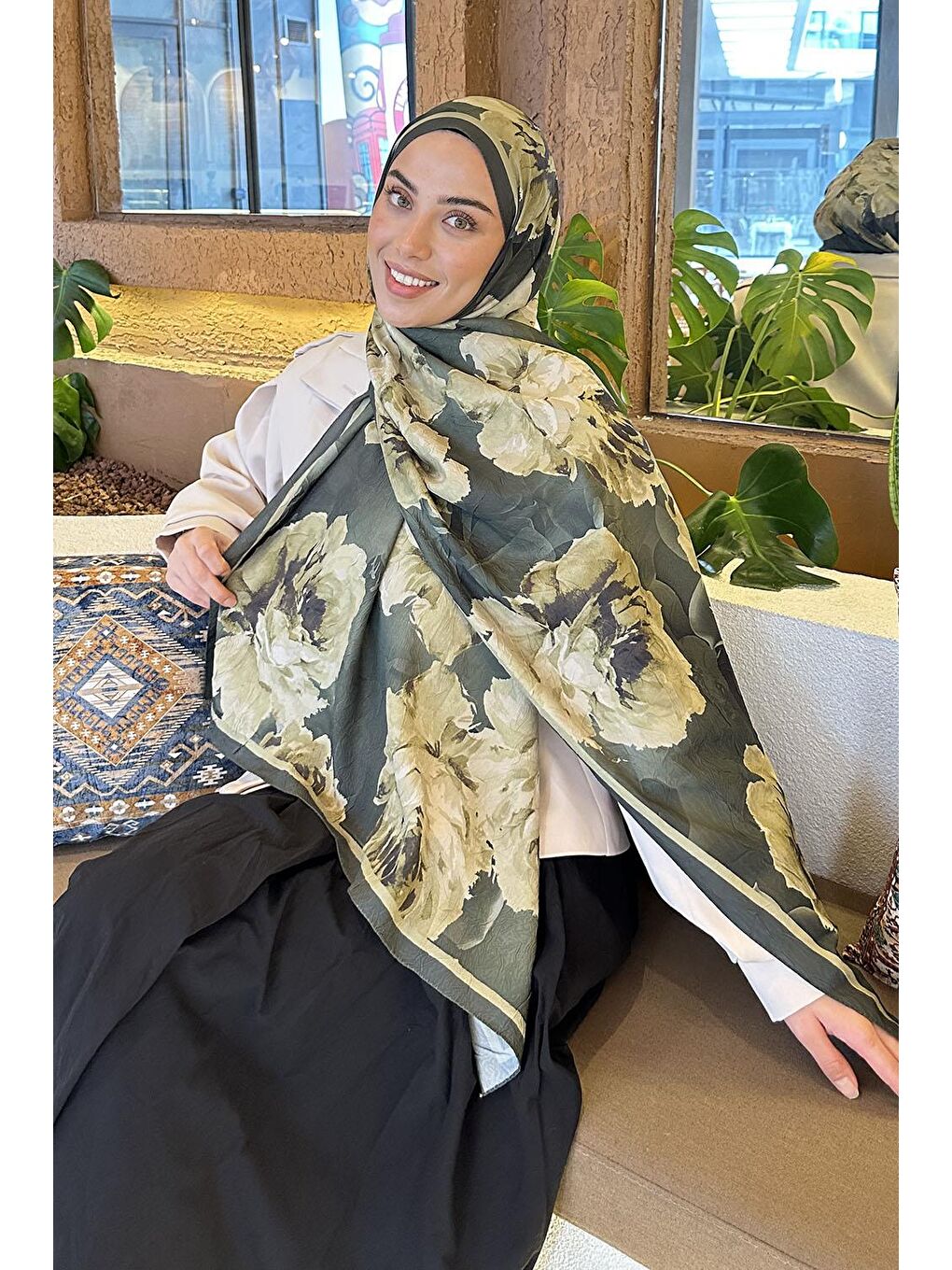 Flower Desen Bambu Şal Haki-1