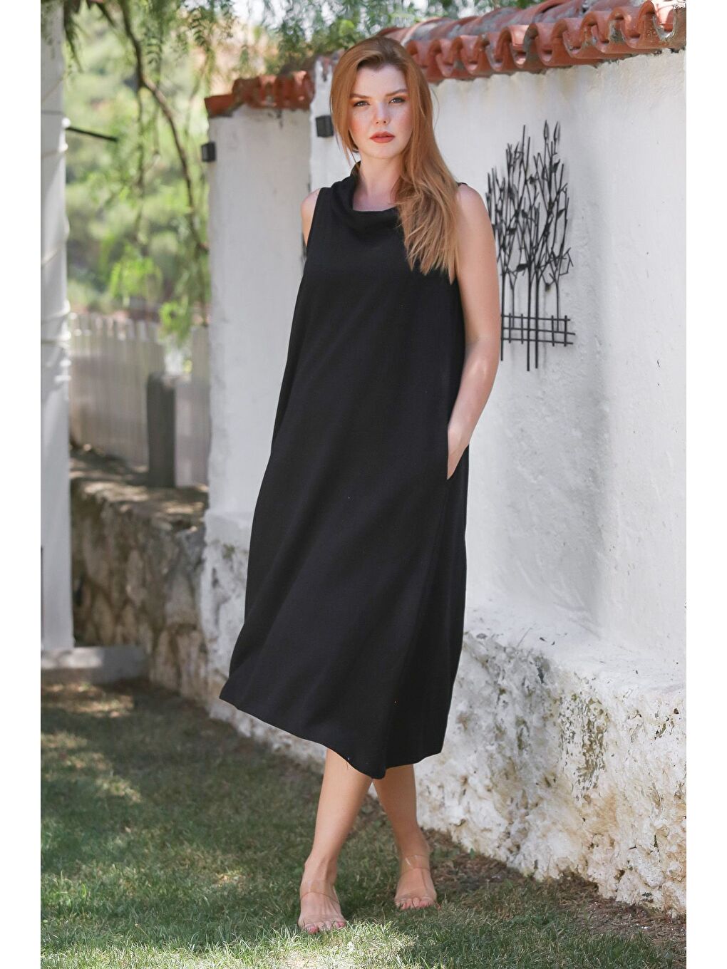 Siyah Degaje Yaka Kolsuz Gizli Cepli Yıkamalı Casual Keten Görünümlü Dokuma Elbise 120 55-4