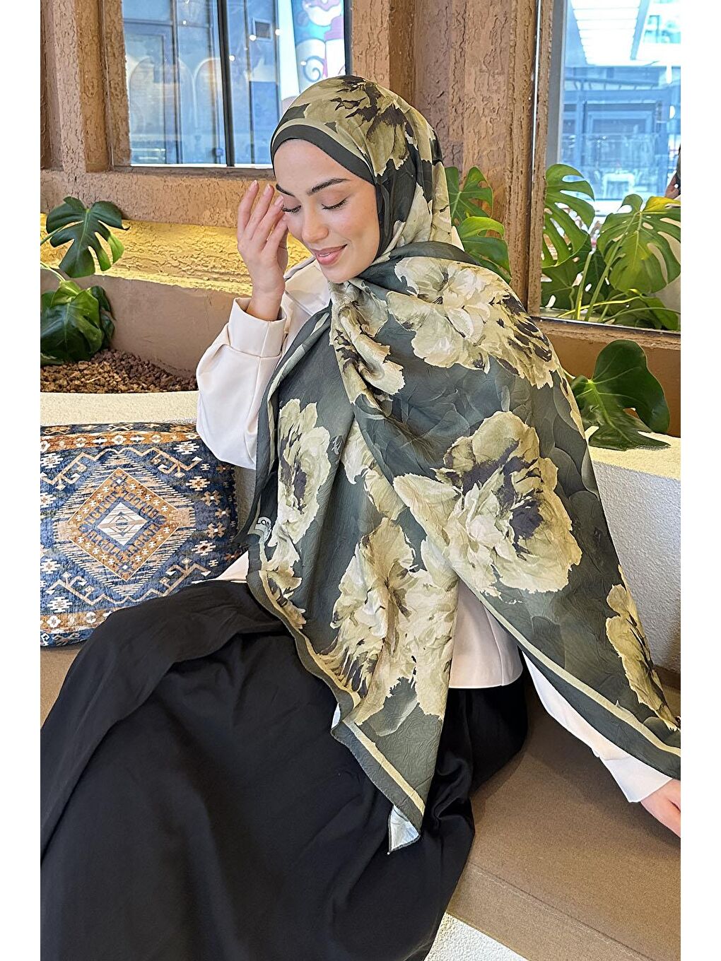Flower Desen Bambu Şal Haki-2