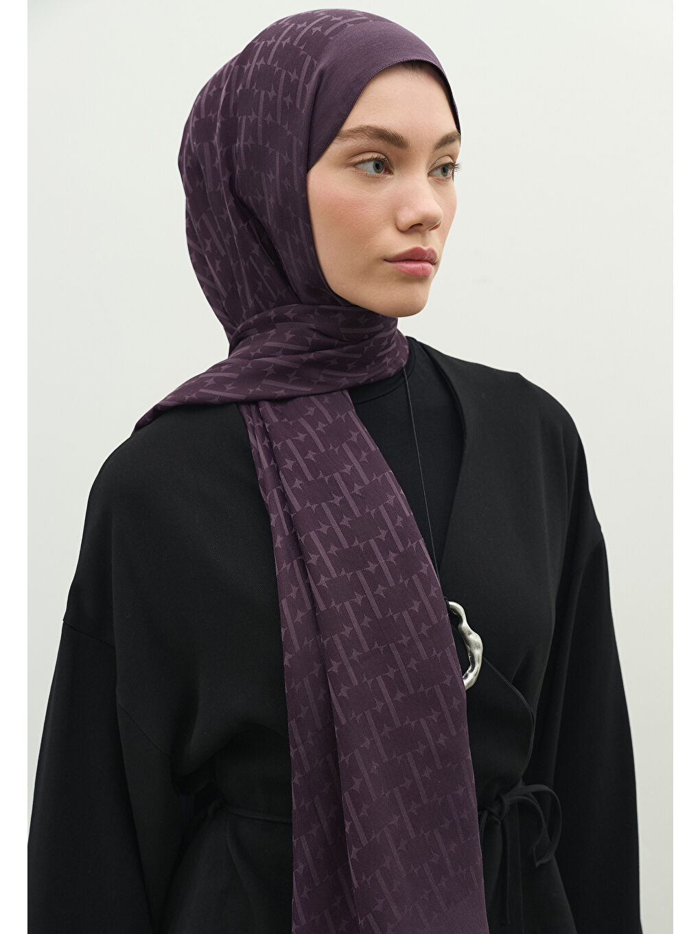 Mor MONOGRAM PAMUK FLOŞ JAKARLI ŞAL PATLICAN MORU-1