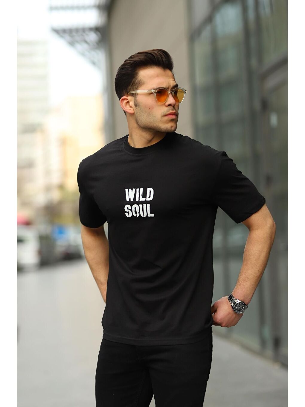 Siyah Erkek Wild Soul Baskılı Oversize Tshirt-2
