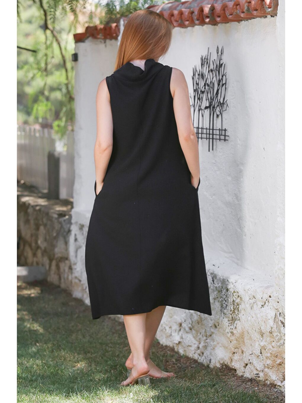 Siyah Degaje Yaka Kolsuz Gizli Cepli Yıkamalı Casual Keten Görünümlü Dokuma Elbise 120 55-7