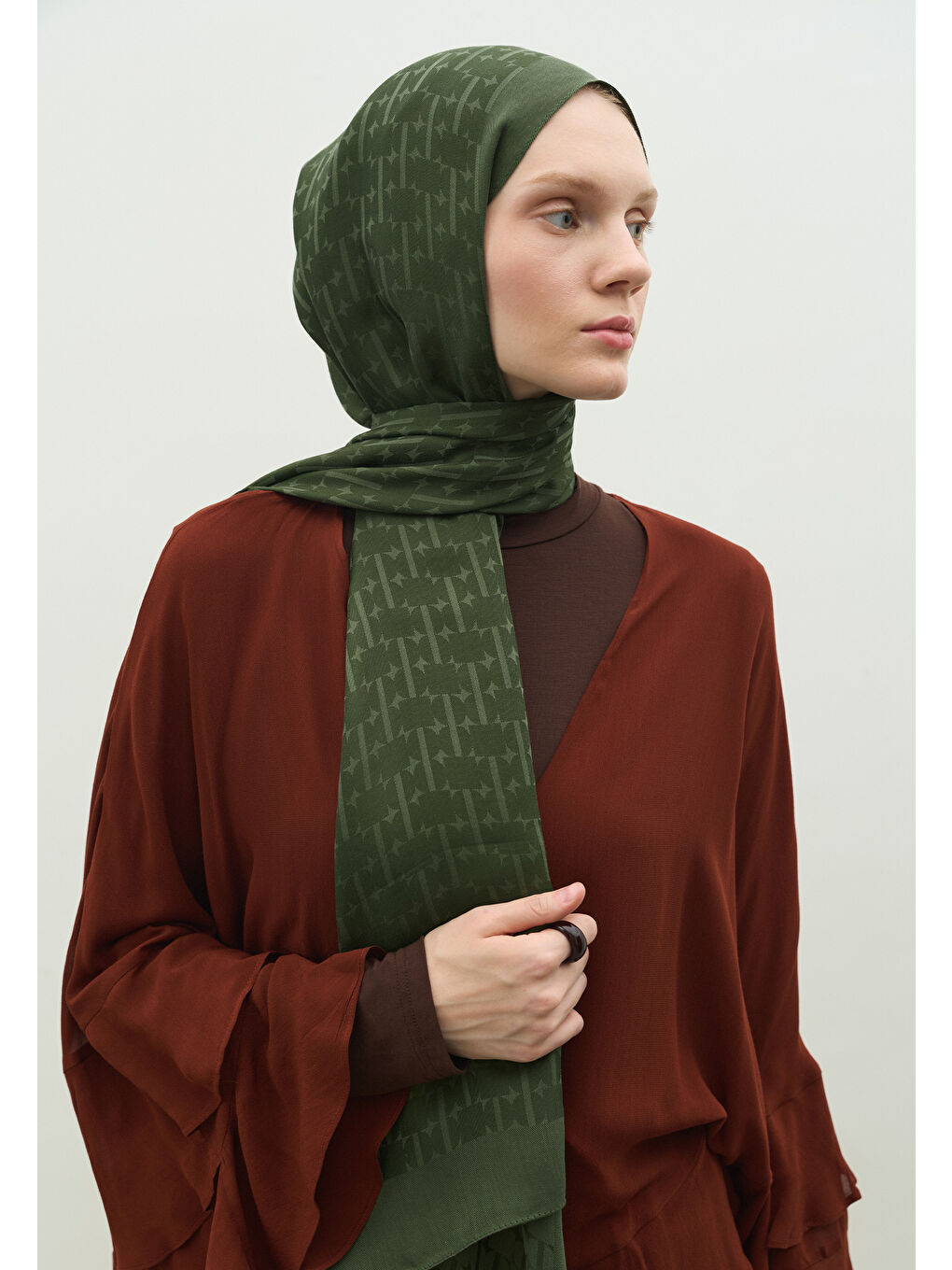 Yeşil MONOGRAM PAMUK FLOŞ JAKARLI ŞAL YAPRAK-1