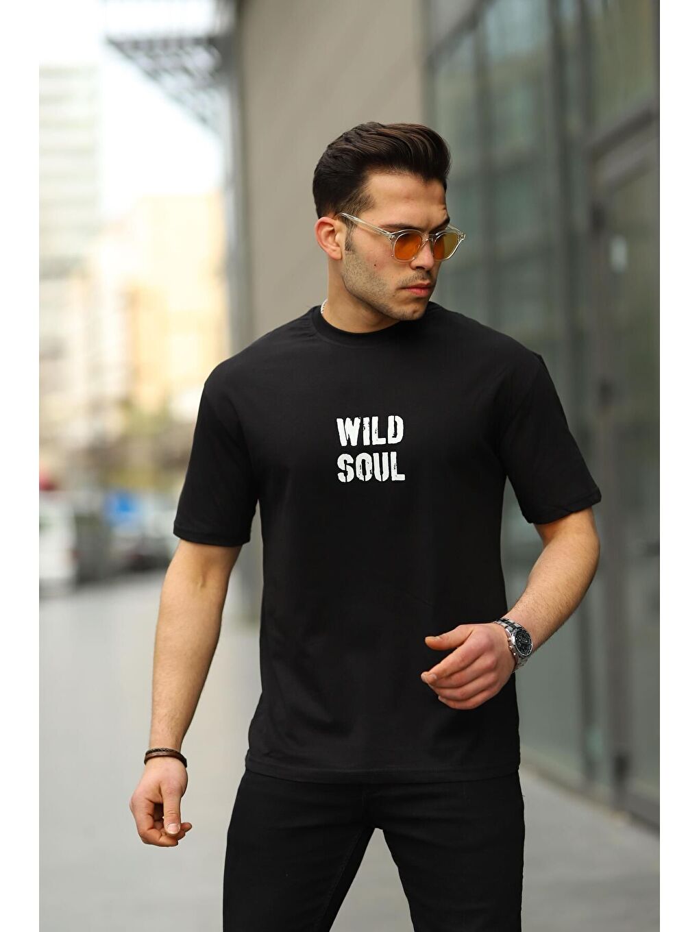 Siyah Erkek Wild Soul Baskılı Oversize Tshirt-3