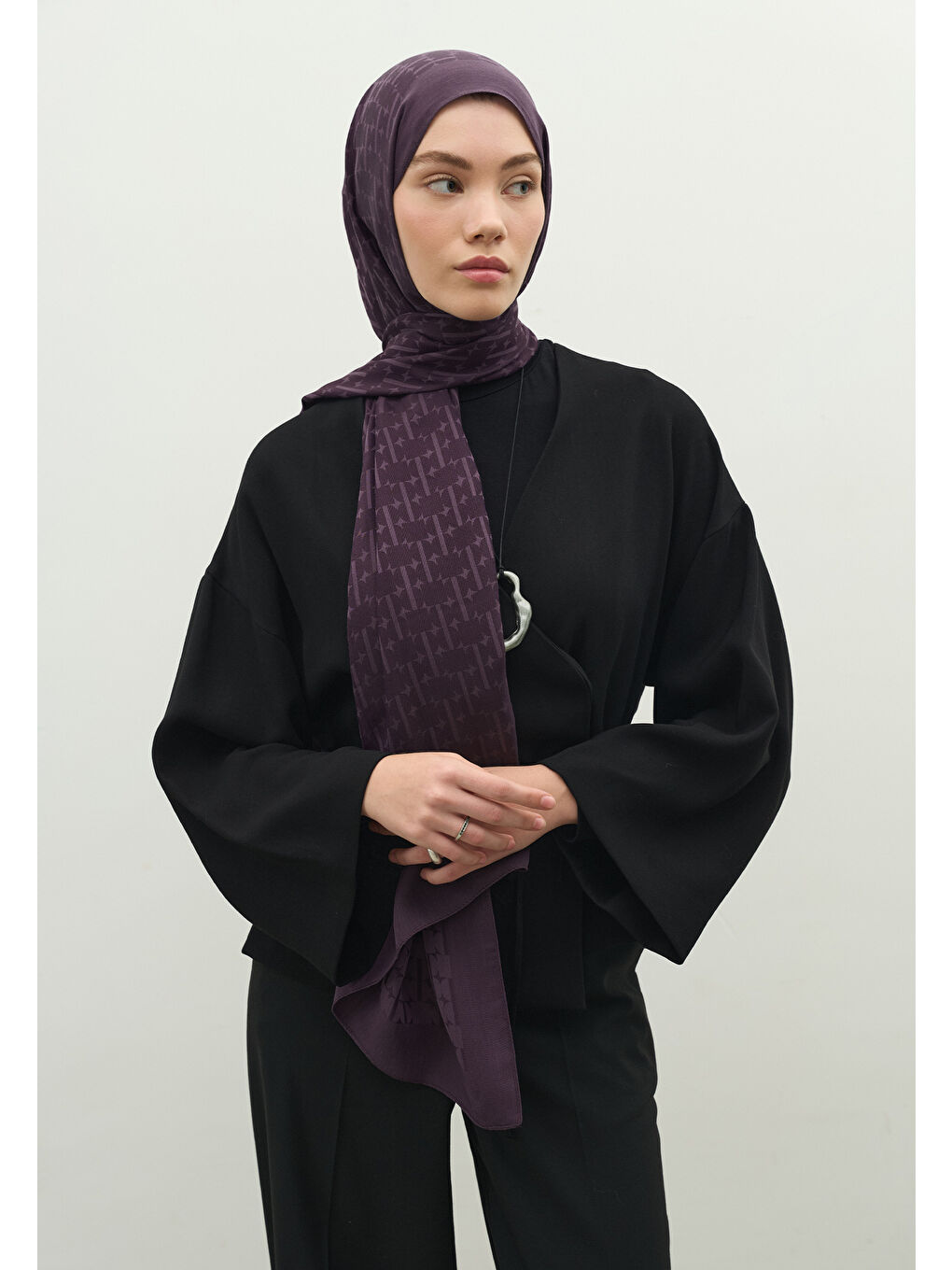 Mor MONOGRAM PAMUK FLOŞ JAKARLI ŞAL PATLICAN MORU-3